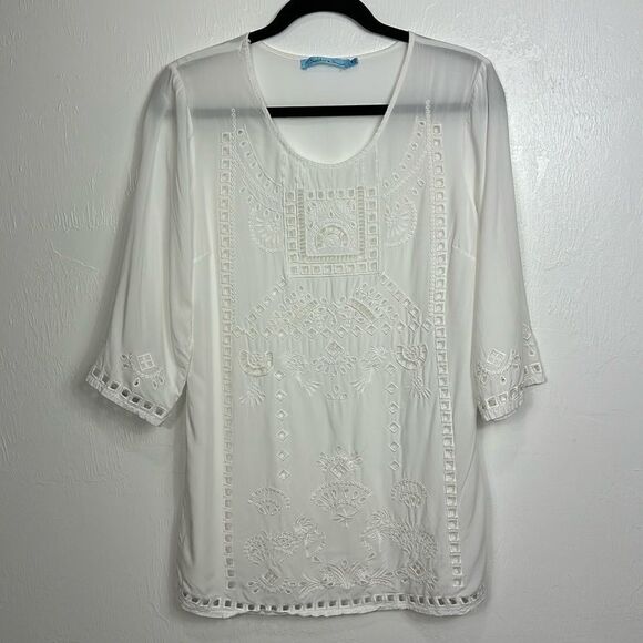 Solitaire Swim White 3/4 Sleeves Cutout Embroidered Cover Up Size M - Picture 1 of 9
